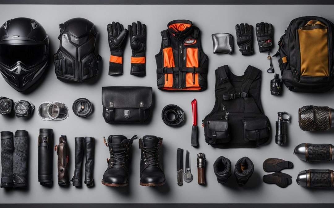 Motorcycle Training Blog Essential motorcycle gear including helmet, gloves, protective vest, boots, and tools, arranged for safe and comfortable riding.