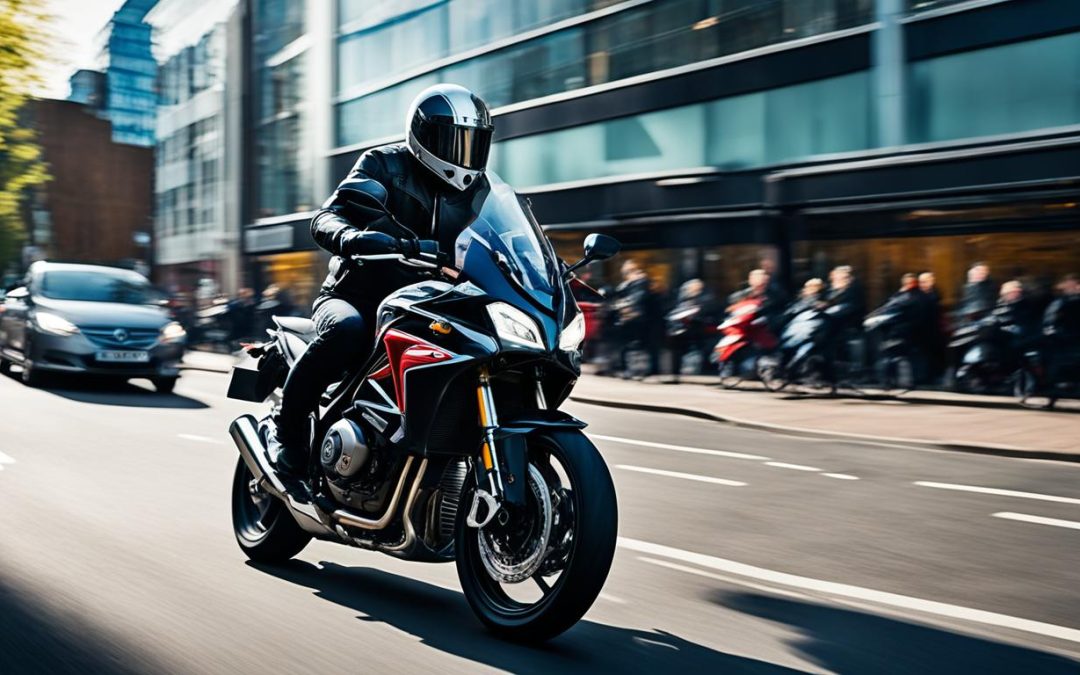 Motorcycle Training Blog Motorcyclist in protective gear riding a motorcycle through North London streets, showcasing urban commuting for new riders.