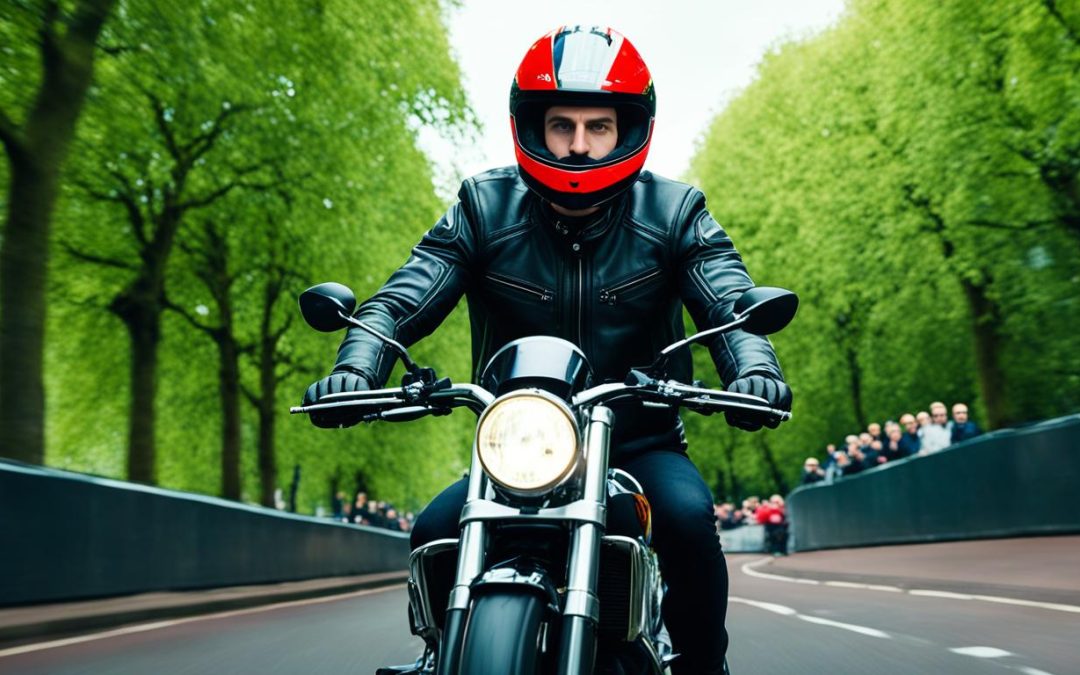 Motorcycle Training Blog Motorcyclist in black leather jacket and red helmet riding on tree-lined road, showcasing motorcycle training and confidence building for learners.