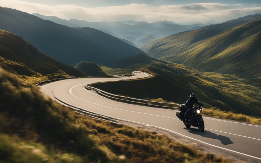 Motorcycle Training Blog Motorcyclist riding along a winding road through lush green hills, illustrating the thrill of long-distance motorcycle touring.