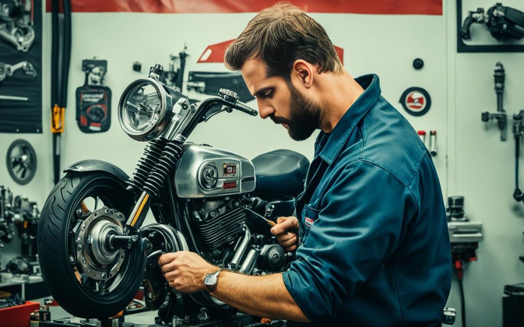 Motorcycle Training Blog Mechanic performing maintenance on a motorcycle in a workshop, highlighting motorcycle care and performance enhancement.