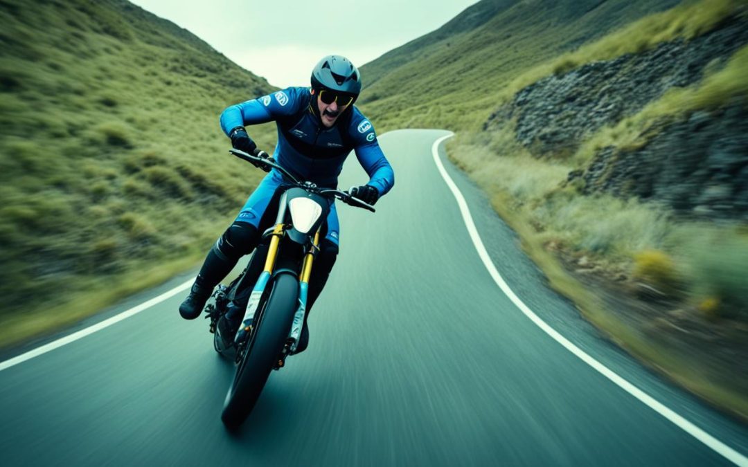 Motorcycle Training Blog Motorcyclist in blue riding gear navigating a winding road, showcasing advanced motorcycle techniques and skills for enhanced riding confidence.
