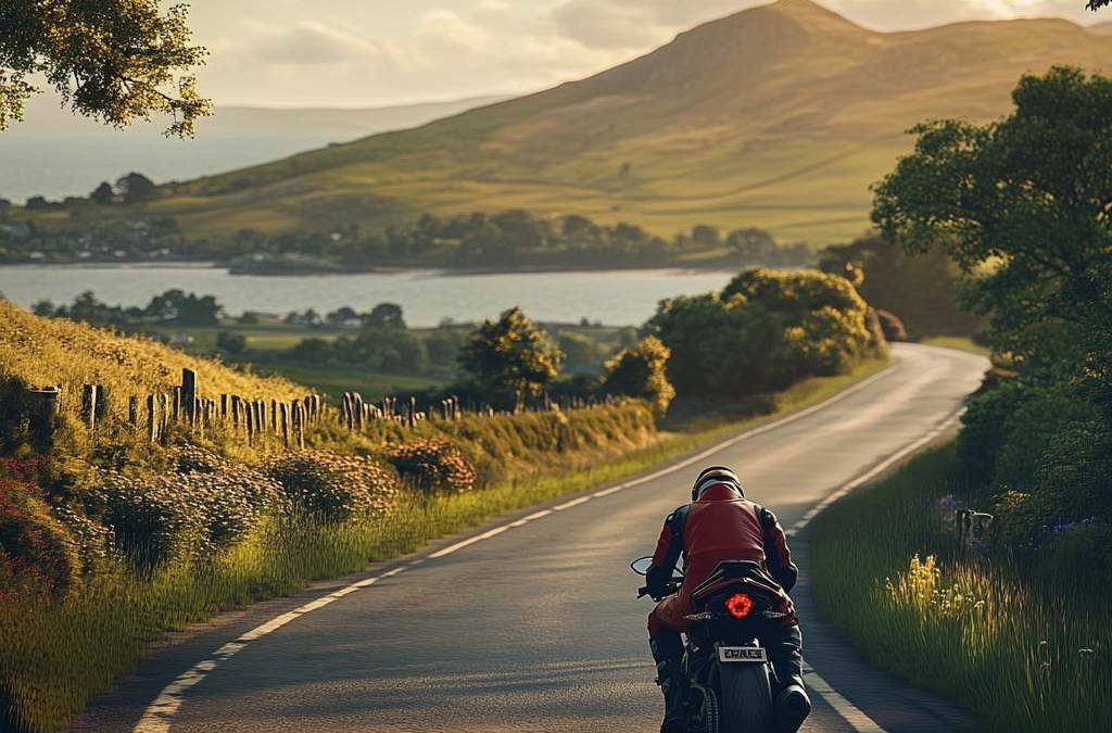 Motorcycle Training Blog Motorcyclist in red gear riding on a scenic road, surrounded by lush greenery and hills, emphasizing the freedom and adventure of motorcycle training.